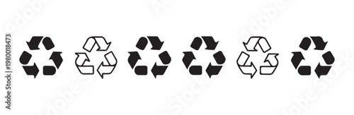 Six black recycling symbols in a row, simple outline and solid fill styles