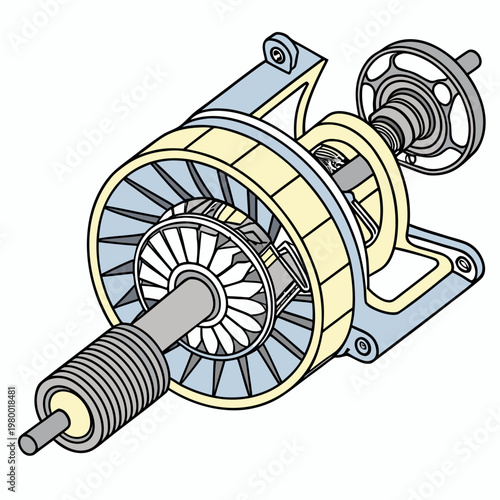 Isometric mechanical motor core assembly with turbine blades rotor and coil spring component mechanical assembly isometric technical engineering component industrial machinery electric