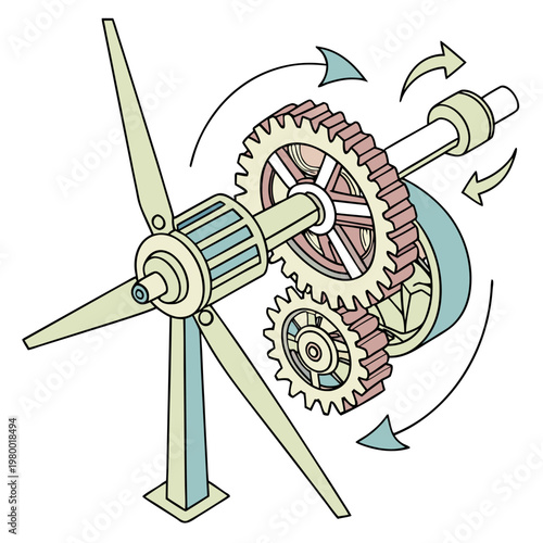 Mechanical wind turbine gearbox illustration showing energy conversion with rotating cogs and propeller mechanism renewable electricity propeller rotation cogwheel technical engineering