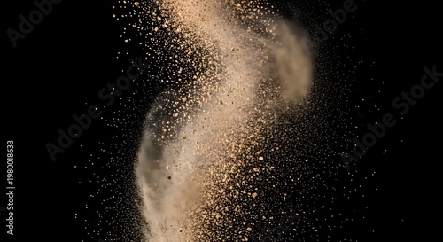 Foto Dynamic explosion of tan powder and sand particles with motion blur against a bl