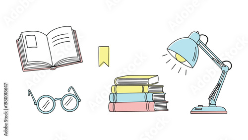The Reading Corner: A minimalist illustration of essential reading tools, including an open book, a stack of books, a bookmark, a pair of glasses, and a desk lamp.