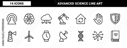 Future technology and artificial intelligence minimalist outline icons