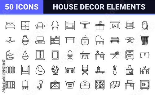 Minimalist house furniture line icons set for interior design and floor plans.