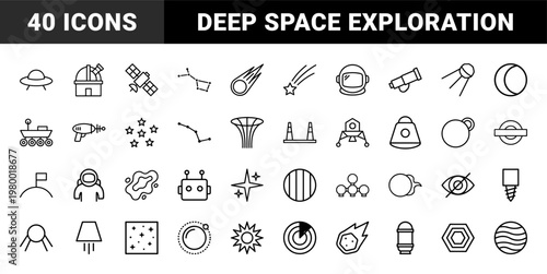 Minimalist space and astronomy thin line icon set on white background