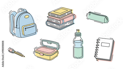 Essential School Supplies: A collection of school essentials, including a backpack, books, pencil case, lunchbox, water bottle, notebook and pen, all arranged in an appealing composition.