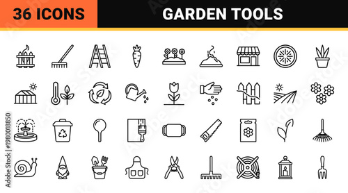 Garden tools and agriculture maintenance minimalist outline icons