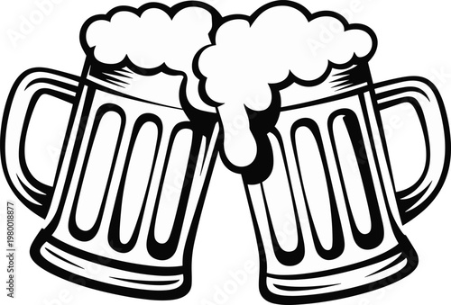 Black and White Toasting Beer Mugs Vector Illustration for Pub Bar and Oktoberfest Events