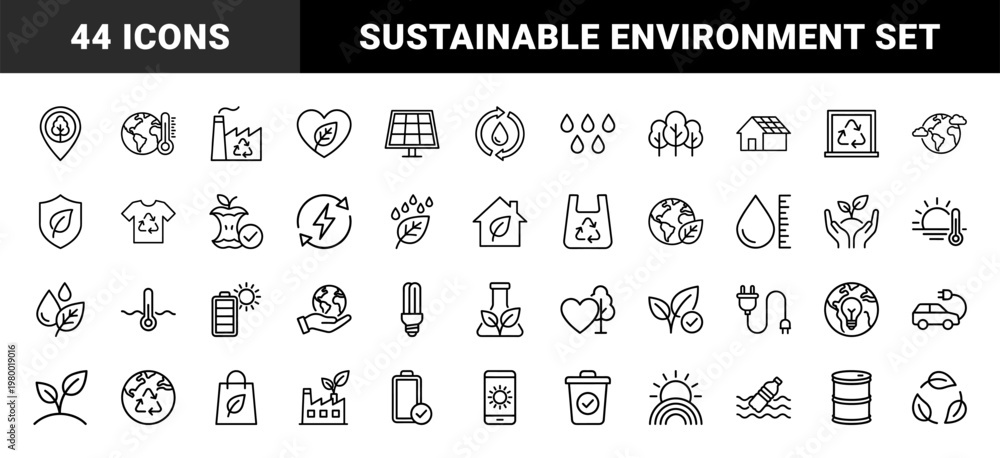 Fototapeta premium Sustainability and green energy outline icons for environmental conservation.