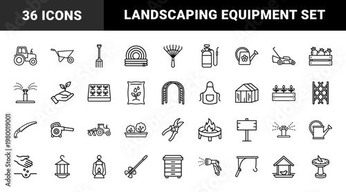 Minimalist garden tool icons set in thin line outline style