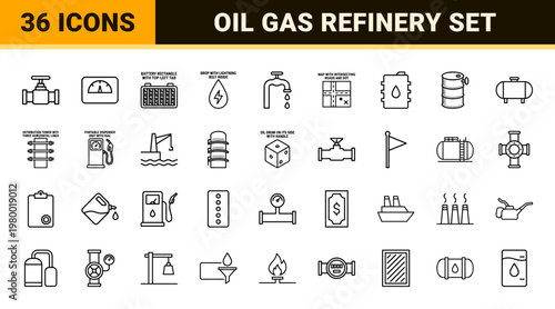 Oil and gas industrial outline icon set with refinery and fuel symbols