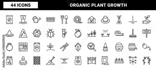 Minimalist gardening and agriculture line icon set for landscaping and plant care.