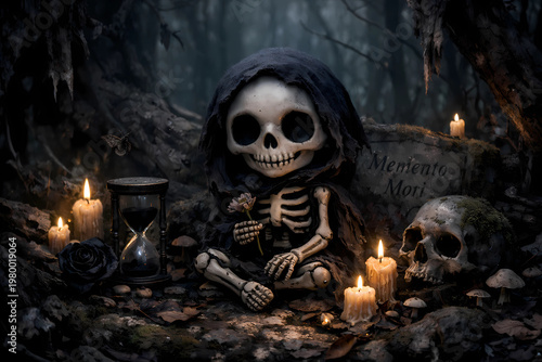 Dark Cute Skeleton Sitting in Forest – Memento Mori Art