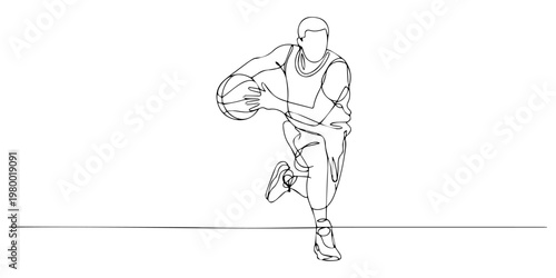 a basketball player in a dynamic pose Continuous one line drawing, Continuous line drawing of a basketball player dribbling a ball in athletic stance man sport, Minimalist basketball player line art.