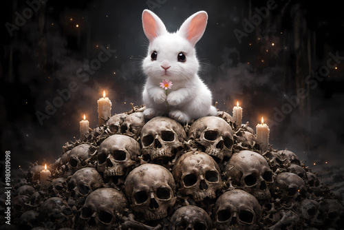 Rabbit on Skull Pile – Cute White Rabbit vs Macabre Contrast Art