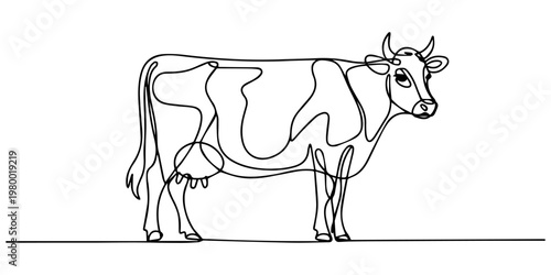 Minimalist single continuous line drawing of a dairy cow standing on a plain white background Vector, illustration, Cow line design. Simple animal silhouette decorative elements drawn.