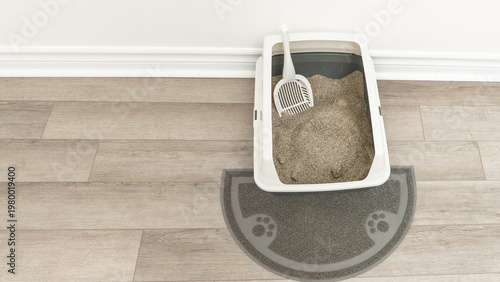 Cat litter box with sand and scoop on a mat, positioned on a wooden floor against a light-colored wall in a clean indoor setting