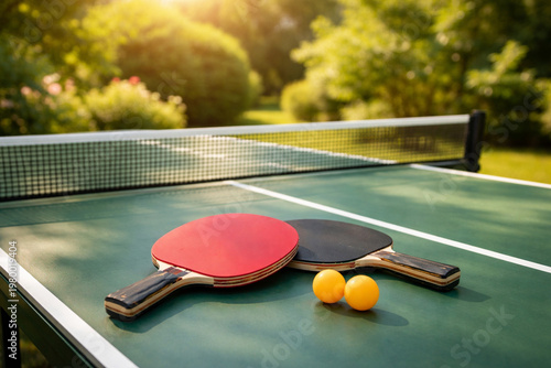 Ping Pong Paddles and Balls on Outdoor Table