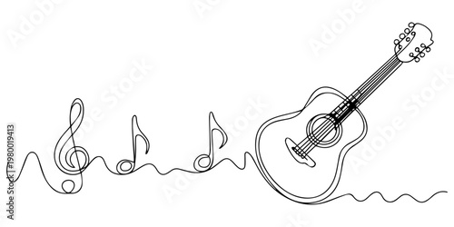 One line drawing of classic guitar with music notes tone design. Classical jazz music instrument. Vector illustration simple continuous outline style, Continuous line drawing of guitar with notes. pro