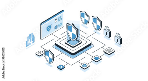 Isometric Cybersecurity and Data Protection Illustration for Network Security, Digital Safety, and Information Privacy Systems