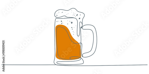 Beer mug filled with froth standing on plain white background. no editable strokes, one line drawing of beer glass with foam. Craft drink alcohol ale in simple line, representing cold beverage, refres