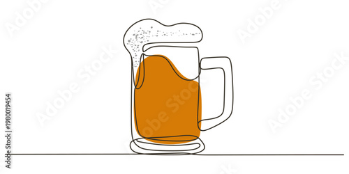 Beer mug filled with froth standing on plain white background. no editable strokes, one line drawing of beer glass with foam. Craft drink alcohol ale in simple line, representing cold beverage, refres