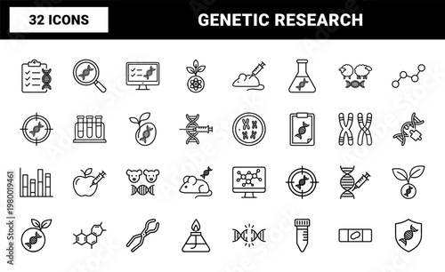 Genetic engineering and biotechnology outline icon set