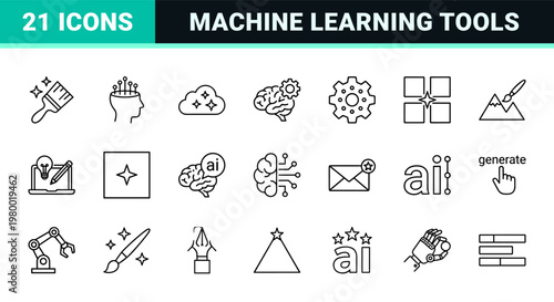 Generative artificial intelligence outline icons for tech and machine learning
