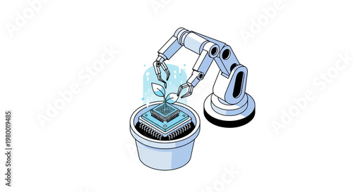 Isometric Robotic Arm Tending to a Plant Growing from a Computer Processor - Concept of Smart Farming, Agritech, and Sustainable Technology Innovation