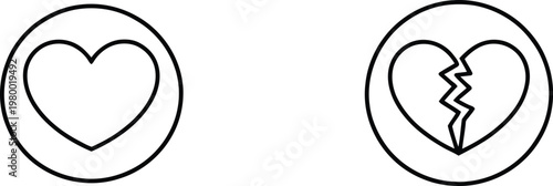 Two linear icons representing a whole heart and a broken heart for romantic relationship UI elements