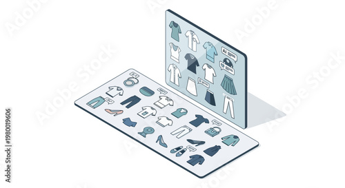 Isometric Online Fashion Catalog and AI Shopping Assistant Illustration for E-commerce, Digital Retail, and Virtual Closet Apps