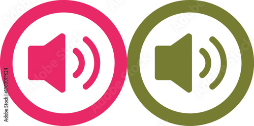 Pink and olive green sound speaker icons representing audio volume controls for digital interfaces and devices