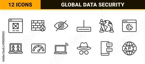 Information technology and global network thin line icons