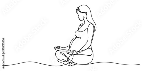 pregnant woman in lotus position, Continuous one line drawing of Pregnant woman sitting in lotus position. Continuous line drawing of pregnancy, motherhood, fitness, preparation for childbirth, yoga.
