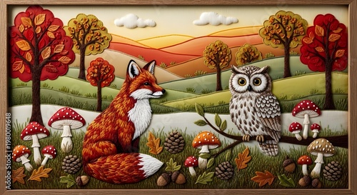 Textile Art Autumn Landscape – Embroidered Fox and Owl with Mushrooms y Pinecones