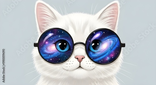 Cat Wearing Glasses with Space Reflection in Lenses – White Cat Illustration