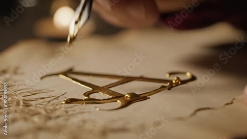 Hand Writing with Gold Pen on Paper