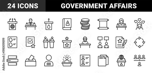Government and law outline icons for political administration
