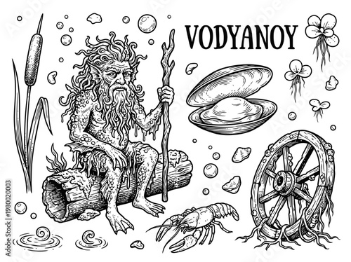 Slavic Folklore Vodyanoy Water Spirit Vector Illustration Set with Mythical Creature, Crayfish, Shell, and Swamp Elements