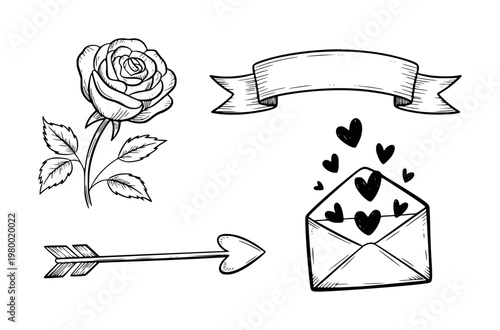 Hand-drawn valentine's day rose, banner, envelope with hearts, arrow white background