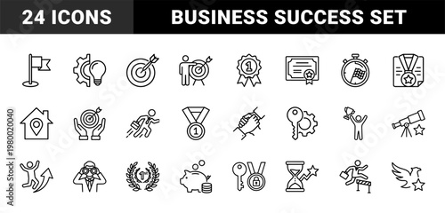 Minimalist goals and targets line icon set, business achievement symbols, success metrics vector illustration