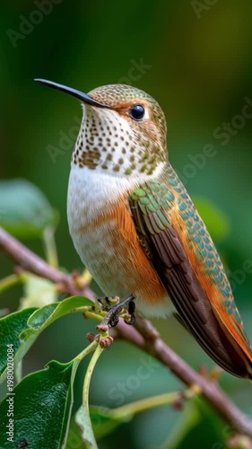 Hummingbird resting on leafy branch with soft green background, tiny bright bird in nature, wildlife close up, calm outdoor scene