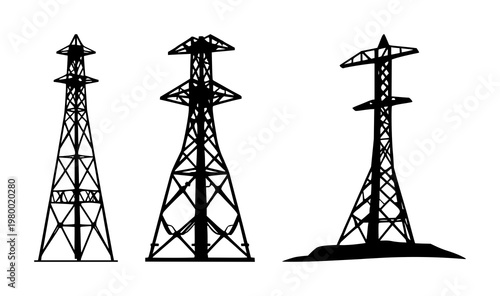 Smart energy grid tower set with solid black icon design featuring power, renewable, infrastructure with smart, batteries
