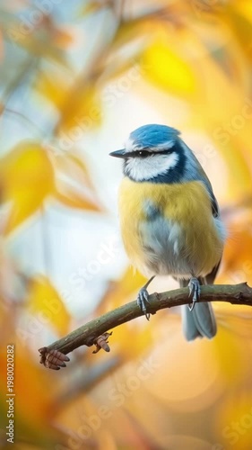 Blue tit bird sitting on a branch with soft green background, small colorful songbird, wildlife nature concept, peaceful close up scene