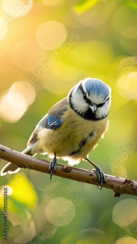Blue tit perched on a branch, small yellow and blue songbird in natural habitat, wildlife close up, detailed feathers and soft background