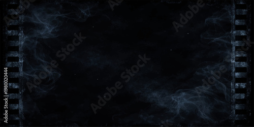 A dark grunge film strip background textures a night sky filled with lightning storms and smoke over a blue sea backdrop