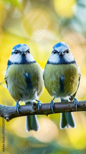 Pair of blue tit birds sitting on a tree branch, colorful small songbirds with yellow chest and blue wings, wildlife nature concept