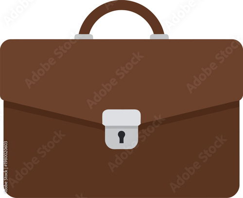 Brown leather briefcase with silver lock illustration isolated on transparent background, handle and clasp detail