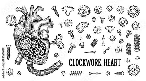Steampunk Clockwork Heart Vector Illustration Set Featuring Gears, Screws, and Mechanical Elements in Vintage Line Art Style