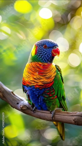 Colorful parrot perched on a branch in tropical nature, vibrant exotic bird with bright feathers, wildlife close up, natural habitat scene