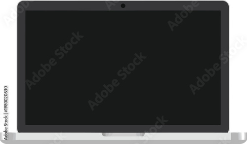 Modern laptop computer with black screen and webcam isolated on transparent background, gray and white device